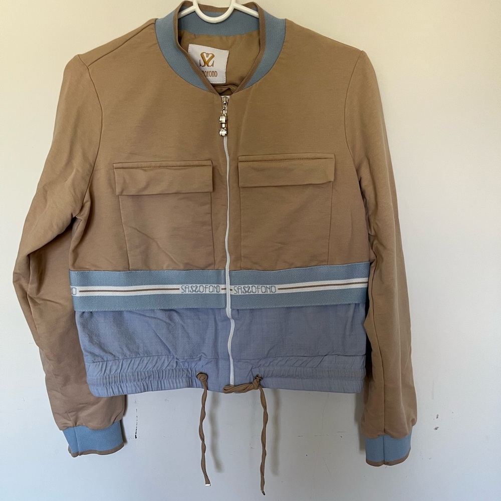 Tan and Blue Bomber Jacket and Pants set